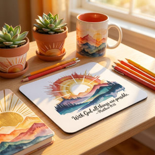 Tapis De Souris Levers de soleil de montagne à l'aquarelle, verset