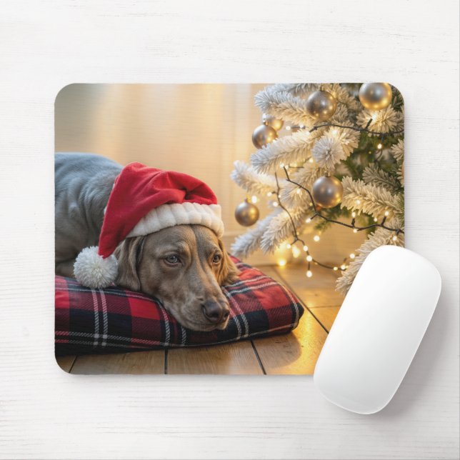 Tapis De Souris Lévrier de Weimar de Noël près d'un arbre (Avec souris)