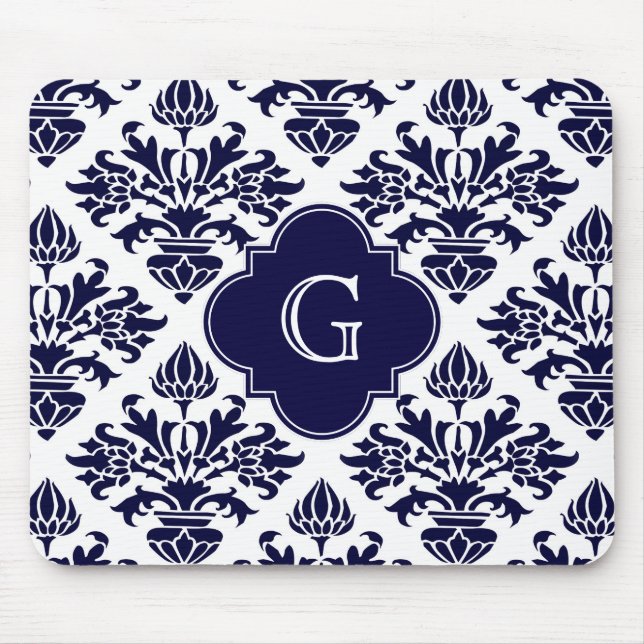 Tapis De Souris Lg Navy Blu What Damask #3 Navy Quatrefoil Monogra (Devant)