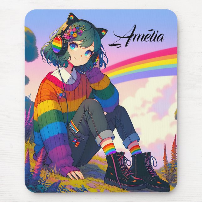 Tapis De Souris LGBTQIA+ Anime Girl Lesbian Pride Personnalisée (Devant)