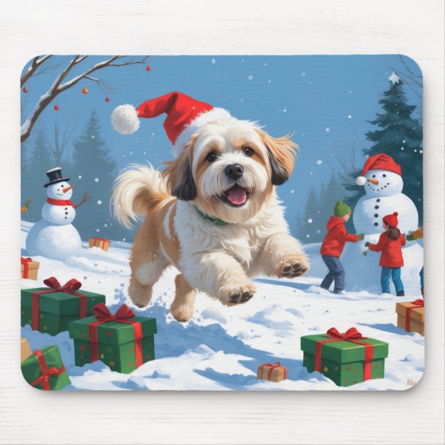 Tapis De Souris Lhasa Apso courant dans la neige avec un chapeau d (Devant)