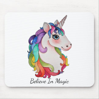 Tapis De Souris Licorne d'aquarelle avec des cheveux d'arc-en-ciel