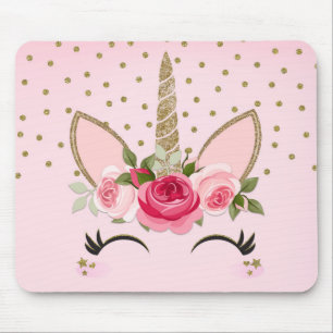 Tapis De Souris Licorne Tendance Pailletée Or et Fleur Rose