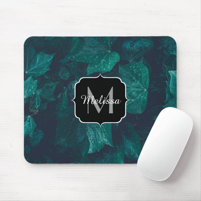 Tapis De Souris Lierre vert foncé feuille gouttes d'eau Monogram (Avec souris)