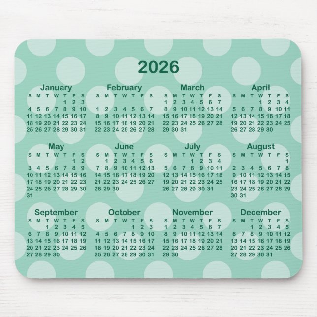 Tapis De Souris Light Teal Polka Dot Hunter Green 2026 Calendar (Devant)