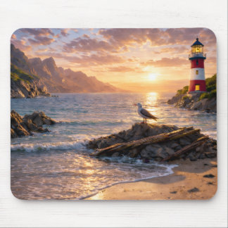 Tapis De Souris Lighthouse Sunset Seagull Beach Mouse Pad