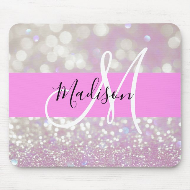 Tapis De Souris Lilac Girly Pailletés Monogramme Nom (Devant)