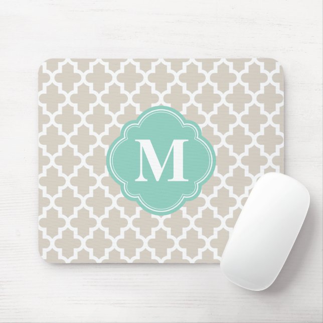 Tapis De Souris Lin Beige et Aqua Maroc Monogramme personnalisé (Avec souris)