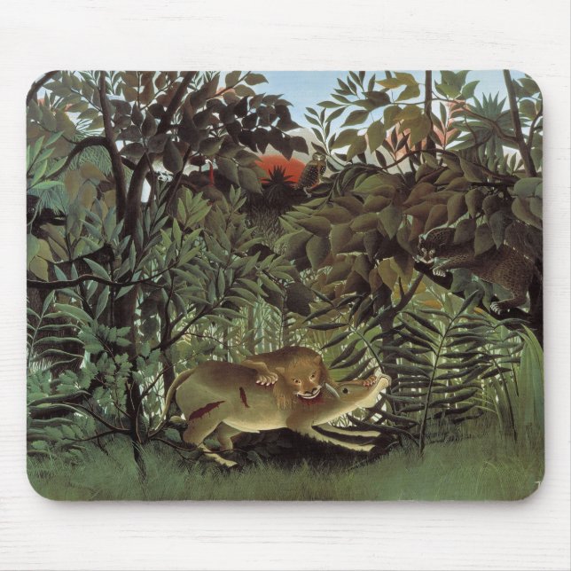 Tapis De Souris Lion affamé par Henri Rousseau, animal sauvage Vin (Devant)