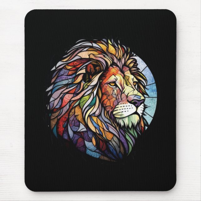 Tapis De Souris Lion Animal Portrait Vitrail Forêt faunique (Devant)