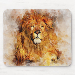 Tapis De Souris Lion mâle avec grand portrait d'aquarelle de manne