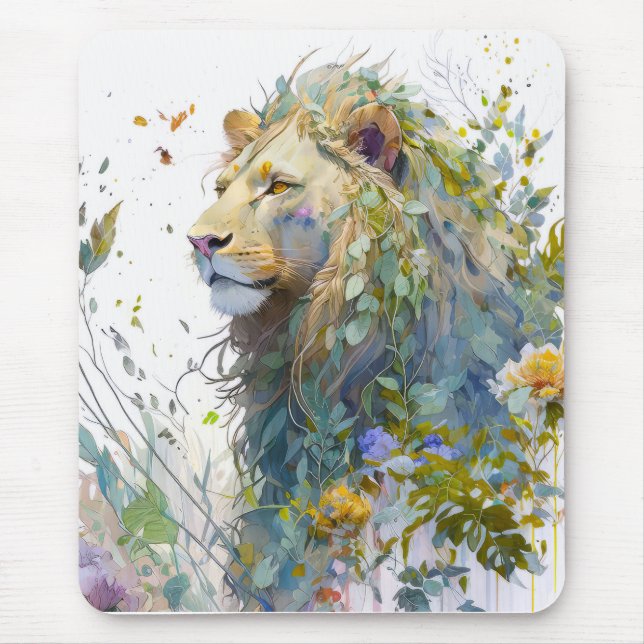 Tapis De Souris Lion Portrait Animal Peinture Forêt faunique (Devant)