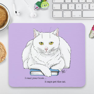 Tapis De Souris Livre de chat blanc drôle lisant humour violet