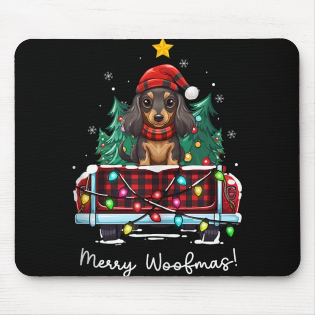 Tapis De Souris Long Haired Dachshund Christmas Dog Truck Plaid Fu (Devant)
