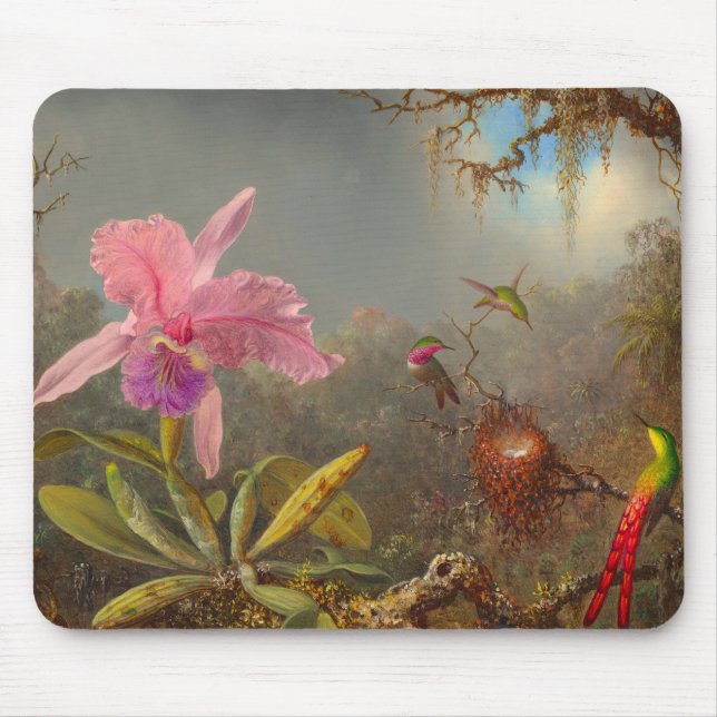 Tapis De Souris L'orchidée de Cattleya et trois colibris Heade (Devant)