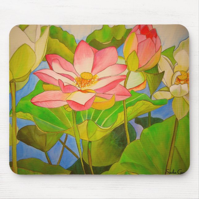 Tapis De Souris Lotus rose nénuphar aquarelle peinture (Devant)