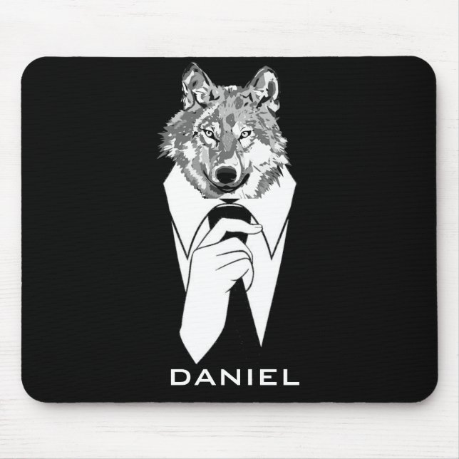Tapis De Souris Loup drôle de hippie avec le smoking noir (Devant)
