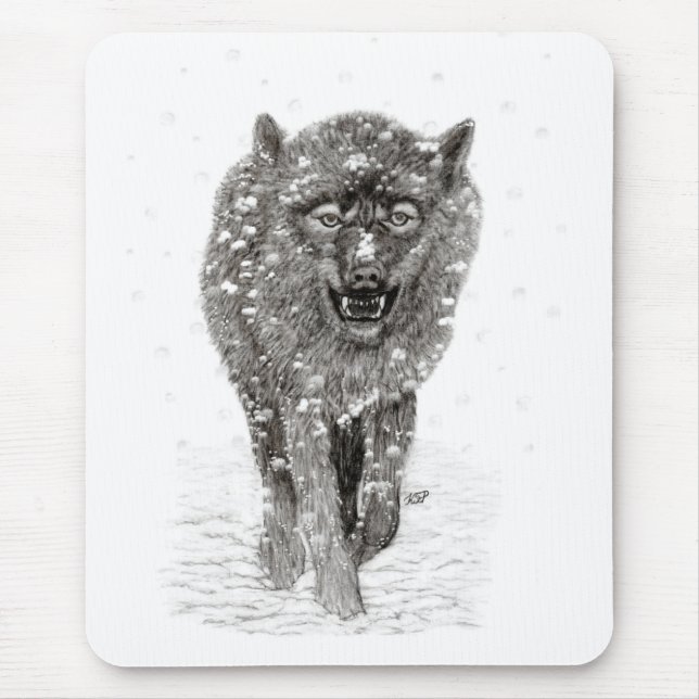 Tapis De Souris Loup noir en colère dans la neige, hiver sauvage (Devant)