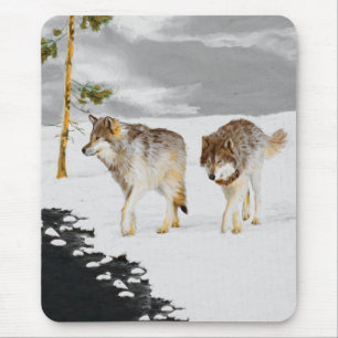 Tapis De Souris Loups en peinture sur neige - Art original de la f