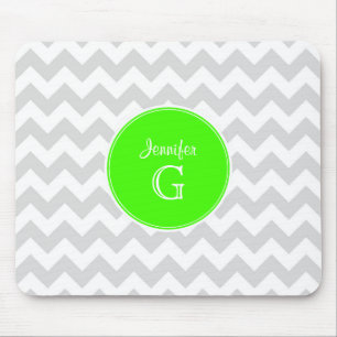 Tapis De Souris Lt Grey Blanc Chevron Rnd Lime Vert Nom Monogramme