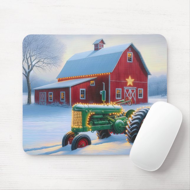 Tapis De Souris Lumières de Noël sur un tracteur agricole vert (Avec souris)