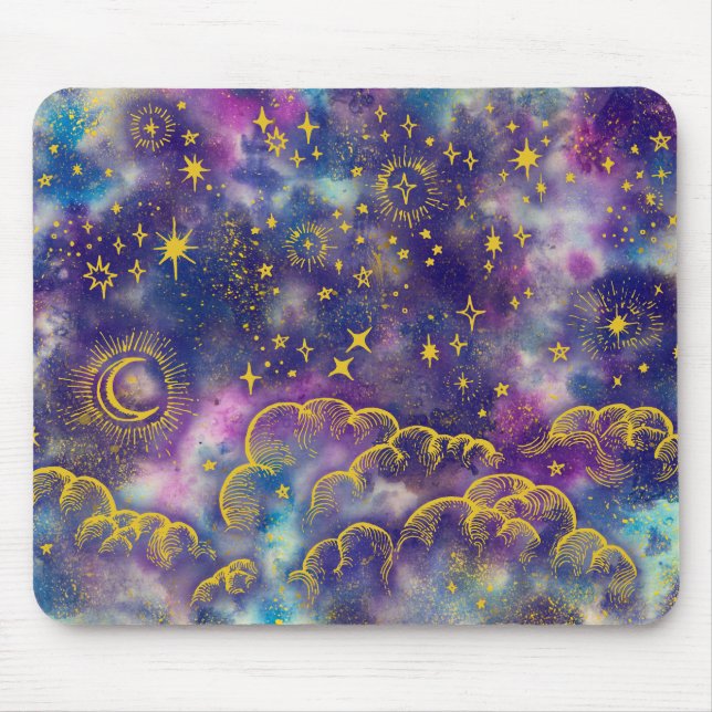 Tapis De Souris "Lune et étoiles" Mousepad (couleurs or) (Devant)