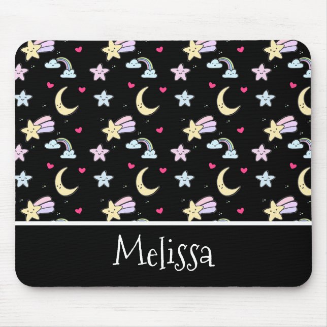 Tapis De Souris Lune lunaire, étoiles et nuages Motif sur noir (Devant)