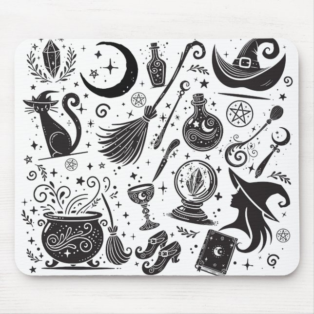 Tapis De Souris Magique Sorcière Whimsical Wiccan Pagan noir & bla (Devant)
