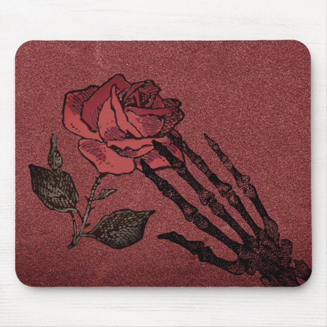 Tapis De Souris Main de squelette gothique et rose de Bourgogne (Devant)
