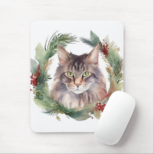 Tapis De Souris Maine Coon Chat Noël Wreath Festive Kitten