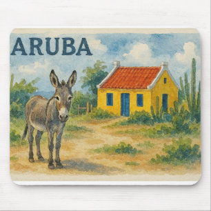 Tapis De Souris Maison cunucu jaune d'Aruba avec âne aquarelle