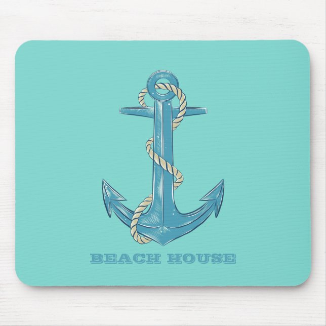 Tapis De Souris Maison de plage nautique, Ancre, Corde, Vert Menth (Devant)