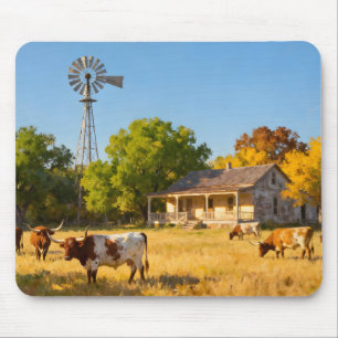Tapis De Souris Maison de Ranch au Texas en Automne avec Longhorns