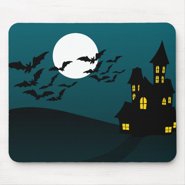 Tapis De Souris Maison d'Halloween mignonne avec chauves-souris (Devant)