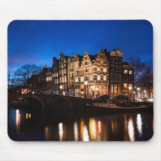 Tapis De Souris Maisons de canal d'Amsterdam la nuit (Devant)