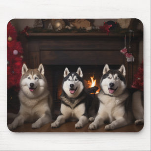 Tapis De Souris Malamute en Alaska près de la cheminée Noël