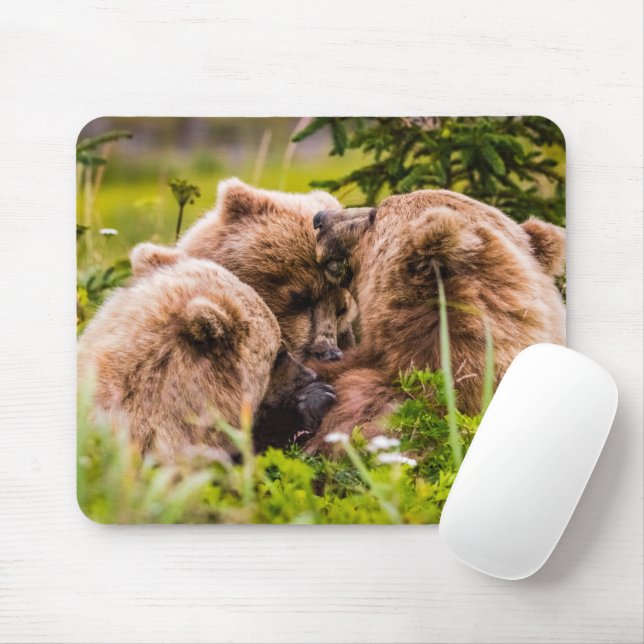 Tapis De Souris Mama bear nourrit ses deux petits, Lake Clark Nati (Avec souris)
