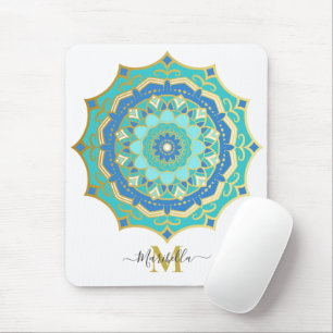 Tapis de souris mandala bohème bleu turquoise or