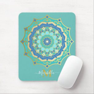 Tapis de souris mandala bohème or bleu turquoise