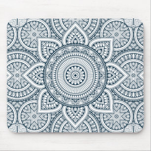 Tapis De Souris Mandala floral blanc bleu géométrique
