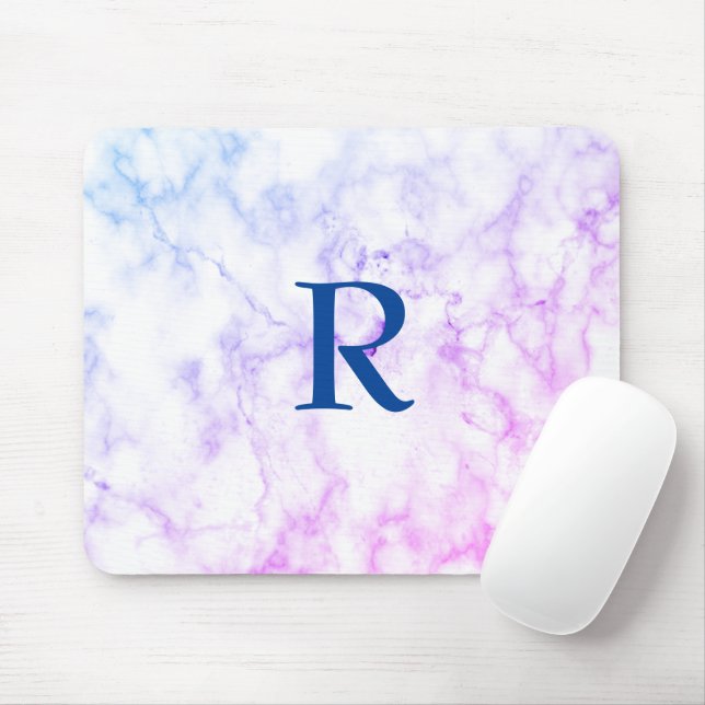 Tapis De Souris Marble Abstract Blue Purple White Monogram ombre (Avec souris)