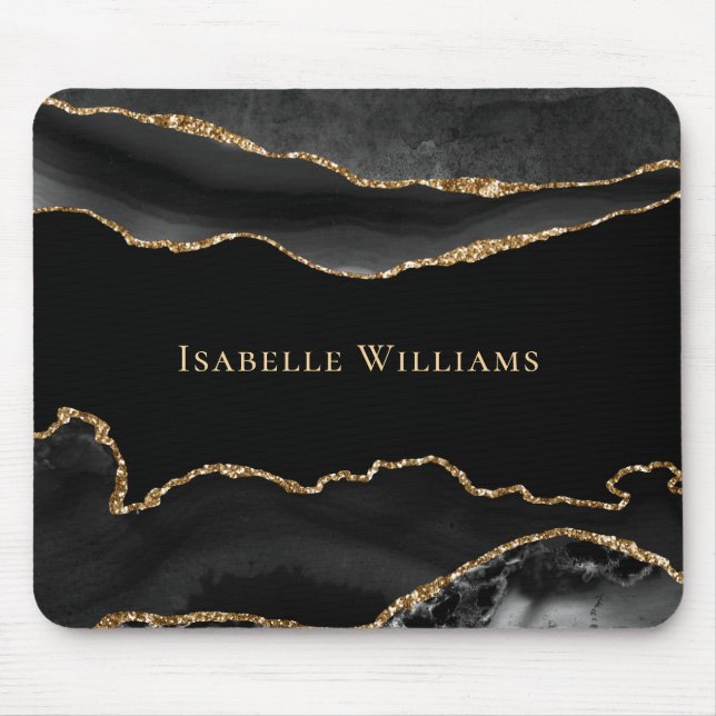 Tapis De Souris Marbre Agate Noir Or Élégant Chic Personnalisé  (Devant)