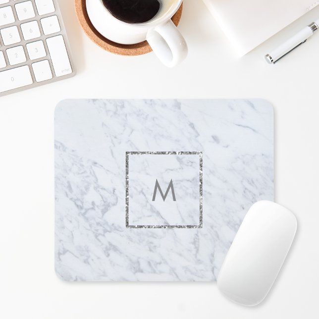 Tapis De Souris Marbre blanc moderne Personnalisé Monogramme Souri (Créateur téléchargé)