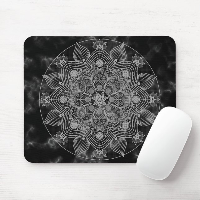 Tapis De Souris Marbre élégant Noir et Blanc Floral Mandala (Avec souris)
