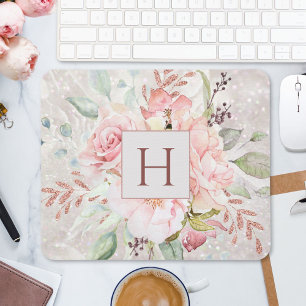 Tapis De Souris Marbre Floral Élégant Rose Pivoine Rose Rose en Mo