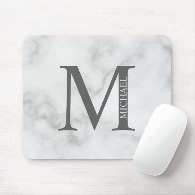 Tapis De Souris Marbre gris Monogramme personnalisé et nom (Avec souris)