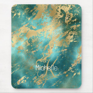 Tapis De Souris Marbre Monogramme Nom Initial Turquoise Vert Or