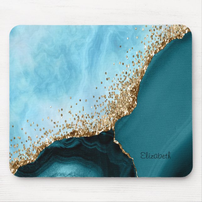 Tapis De Souris Marbre Turquoise Pailleté Or Élégant (Devant)