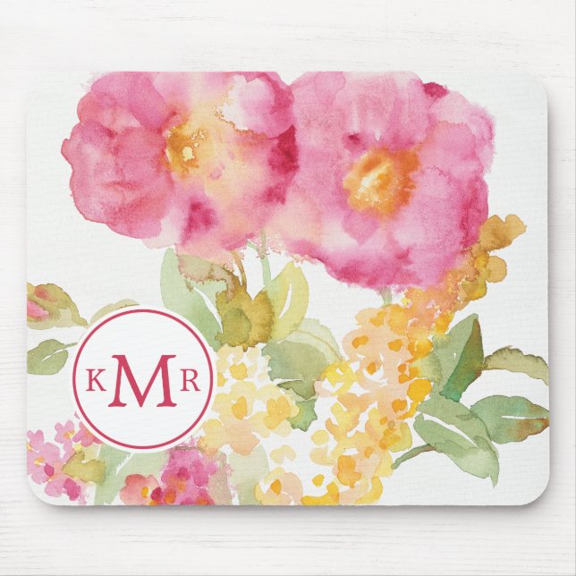 Tapis De Souris Marguerite blanche du monogramme | sur le bleu (Devant)