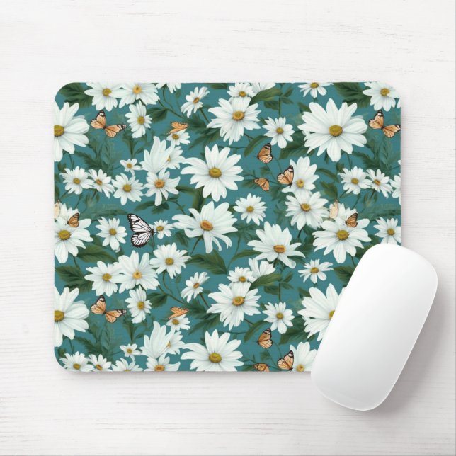 Tapis De Souris Marguerites blanches et papillons (Avec souris)